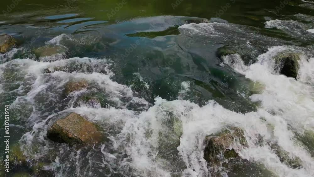 Drone shot flowing creek water over rocks in Indiana United States Drone shot flowing creek water over rocks in Indiana United States