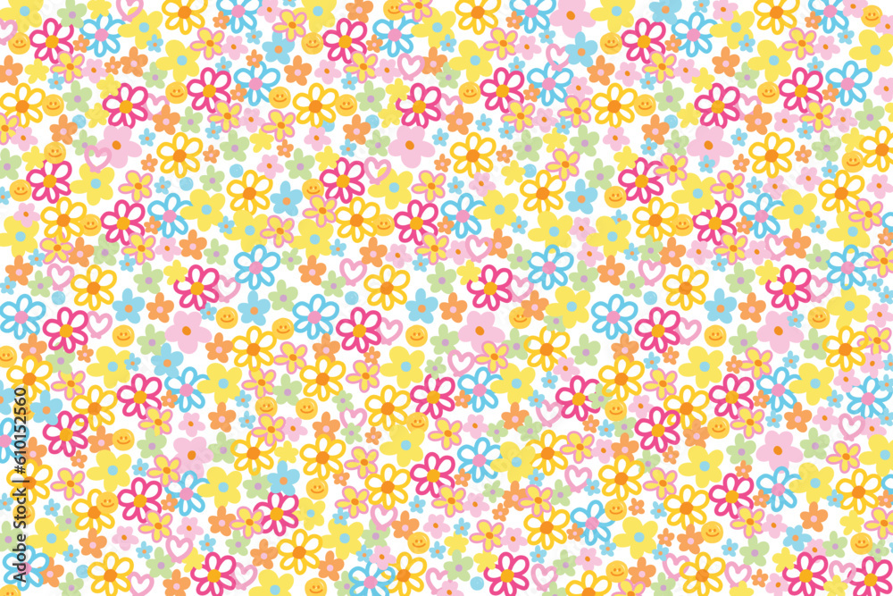 Cute and colourful flower pattern for background wallpaper, backdrop, post card, spring, summer floral print, fabric, clothing pattern, nature, garden, picnic blanket, duvet, phone case, kid dress Cute and colourful flower pattern for background wallpaper, backdrop, post card, spring, summer floral print, fabric, clothing pattern, nature, garden, picnic blanket, duvet, phone case, kid dress