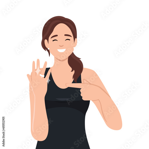 Young happy woman in a beautiful dress showing engagement ring on her hand. Flat vector illustration isolated on white background