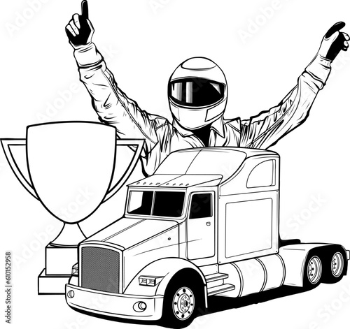 vector monochrome set of a truck with pilot and cup