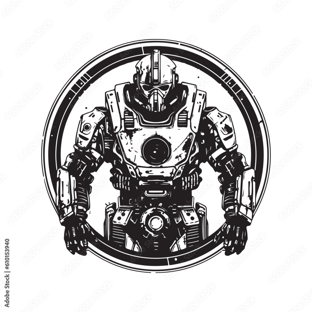 future robotic soldier, vintage logo line art concept black and white color, hand drawn illustration