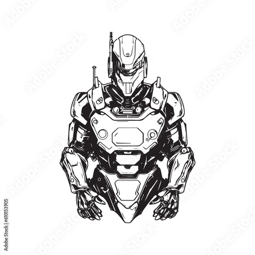 future robotic soldier, vintage logo line art concept black and white color, hand drawn illustration
