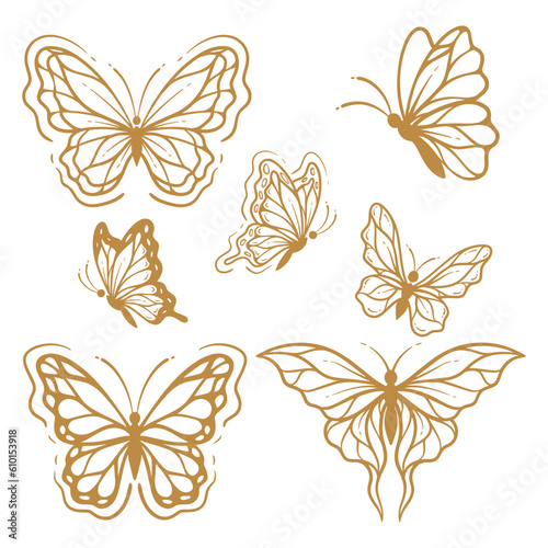 Set of butterfly line art clipart, outline hand drawn aesthetic butterfly illustration collection