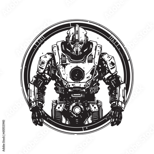 future robotic soldier, vintage logo line art concept black and white color, hand drawn illustration