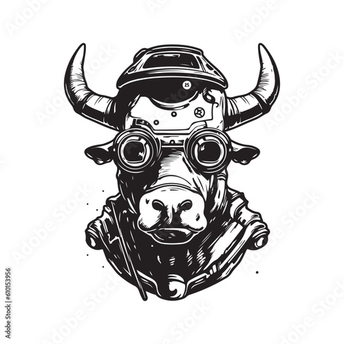 futuristic cow soldier, vintage logo line art concept black and white color, hand drawn illustration