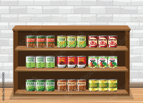 Canned food on wooden shelf