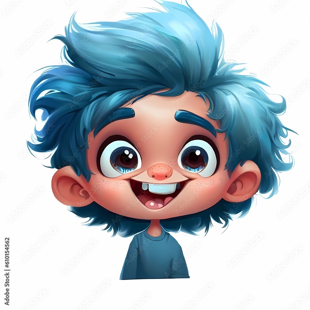 Cute boy with blue hair and smiling face - illustration for children, generate by ai.
