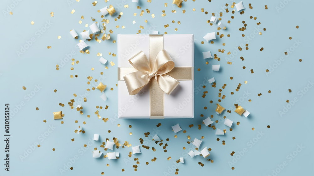 White gift box with golden ribbon bow on blue background with confetti. Christmas present, valentine day surprise, birthday concept. Flat lay, top view. Generative AI White gift box with golden ribbon bow on blue background with confetti. Christmas present, valentine day surprise, birthday concept. Flat lay, top view. Generative AI