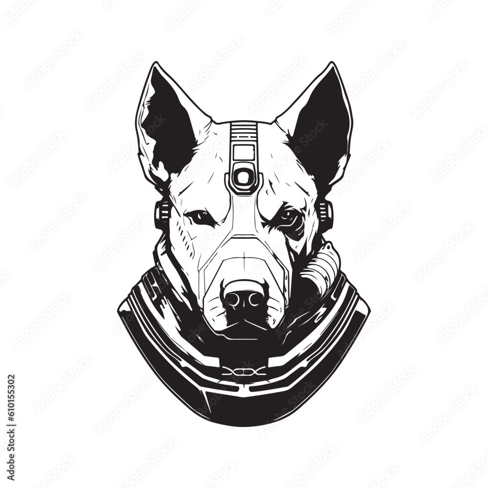 futuristic dog soldier, vintage logo line art concept black and white color, hand drawn illustration