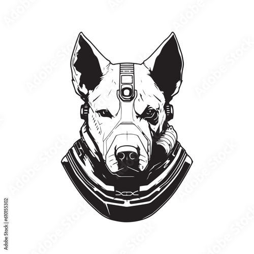 futuristic dog soldier, vintage logo line art concept black and white color, hand drawn illustration