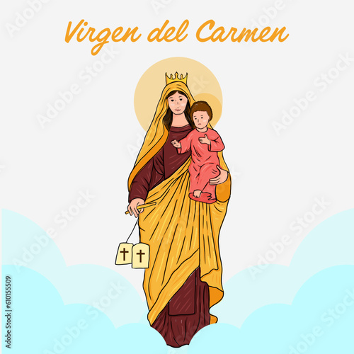 vector virgen del carmen hand drawn illustration