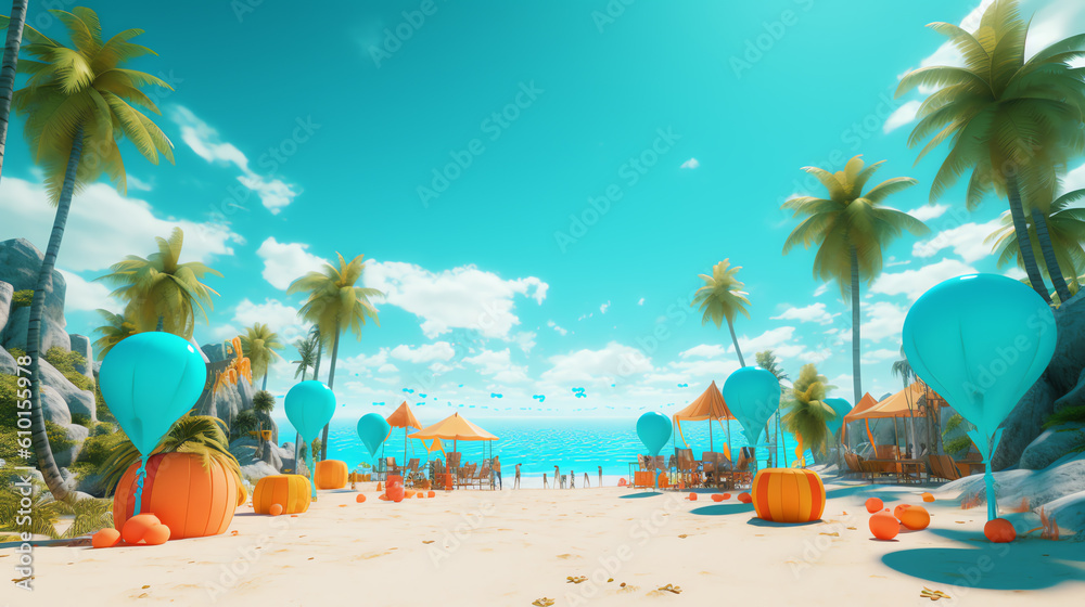 summer beach with blue sky and blue balloon ai generative