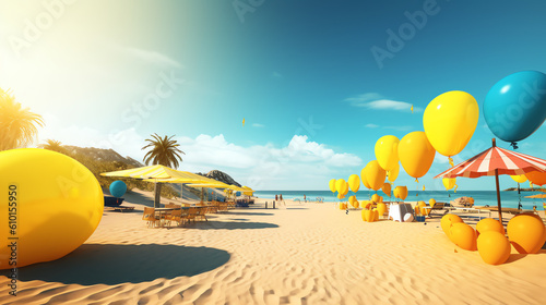 beach party with blue and yellow balloon ai generative