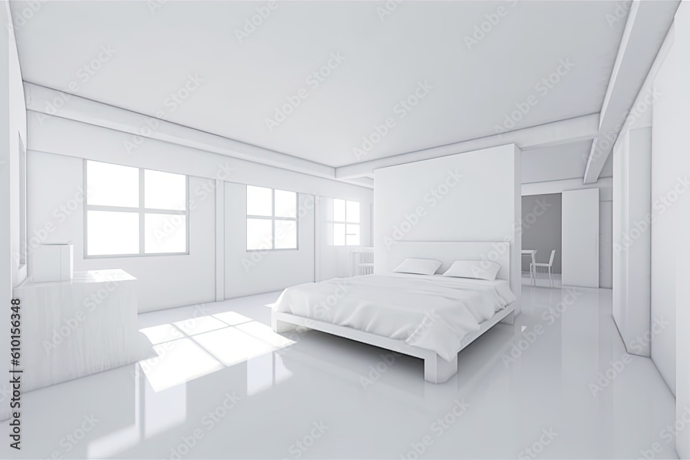 spacious white bedroom with a king-size bed and natural light coming from the windows Generative AI spacious white bedroom with a king-size bed and natural light coming from the windows Generative AI