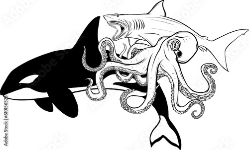 vector illustration of monochrome Collection of Sea Animals