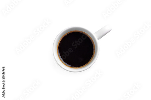 Cup of black coffee top view isolated transparent png or white background 