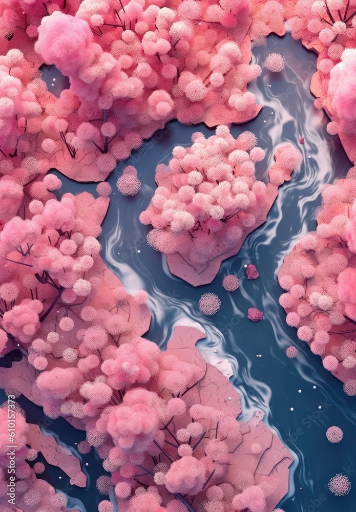 Obraz premium the sakura blossoms, in a pink flower, are blooming around a lake, in the style of gigantic scale, intricately mapped worlds. generative ai
