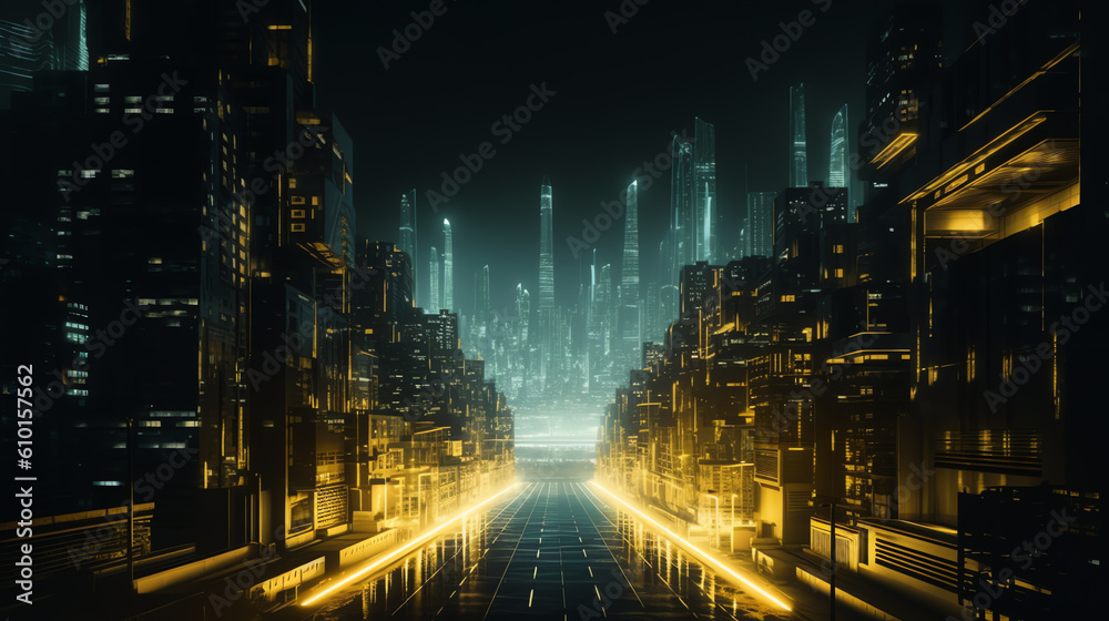 night city cyberpunk style with yellow and blue light ai generative