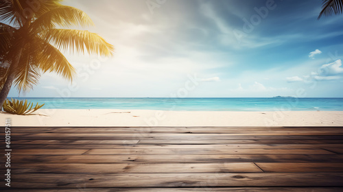 mockup empty wooden table in beach ai generative © XMind