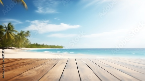 mockup empty wooden table with sea background ai generative © XMind