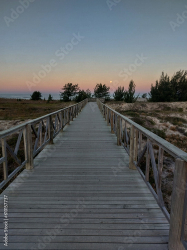 Wooden walkway leading to the beach at sunset in summer