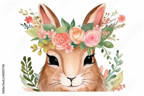 cute rabbit wearing a colorful floral crown Generative AI