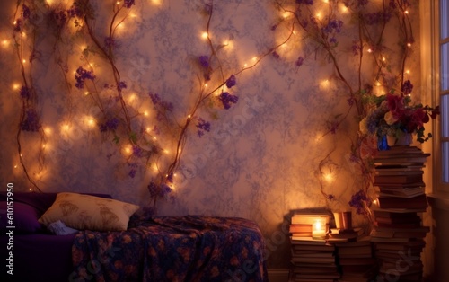 Vintage Fairy Tale: A Midsummer Night's Dream-Inspired Wallpaper with Twinkling Fairy Lights, Perfect for Wallpaper, Generative AI photo