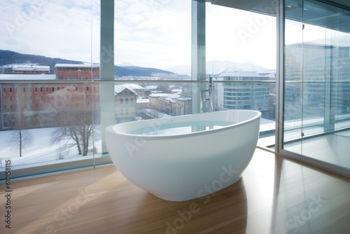 modern white bathtub on a wooden floor Generative AI © AkuAku