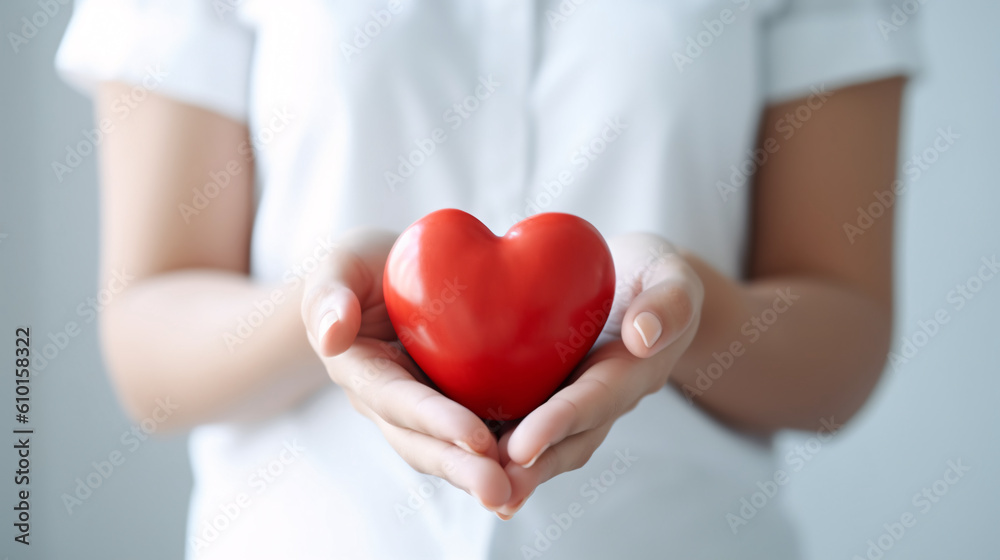 Holding red heart in hands, medical dedication love charity concept poster Holding red heart in hands, medical dedication love charity concept poster