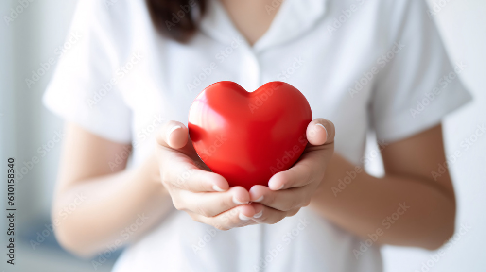 Holding red heart in hands, medical dedication love charity concept poster