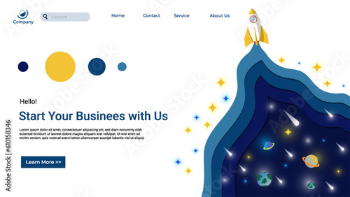 Space landing page space rocket in galaxy. Vector background with spaceship travel in Universe. Shuttle flying in planets, stars light and white smoke frame. Futuristic cosmic exploration