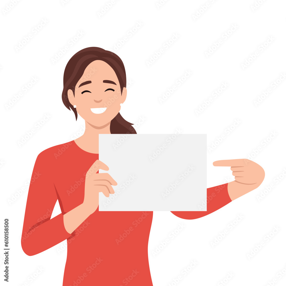 Young happy woman points to a blank template. Flat vector illustration isolated on white background Young happy woman points to a blank template. Flat vector illustration isolated on white background