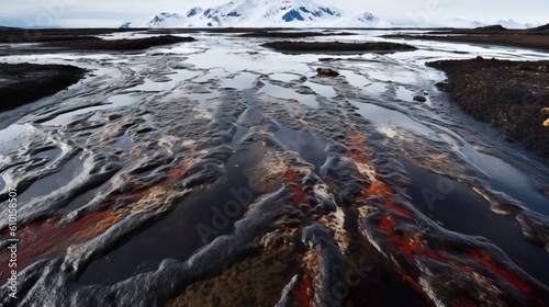 AI Generative. A photo of an oil spill in the Arctic or Antarctic.