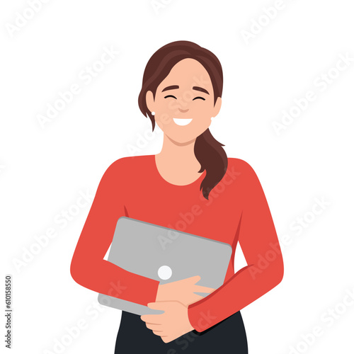 Young woman holding laptop computer and laugh happy. Flat vector illustration isolated on white background