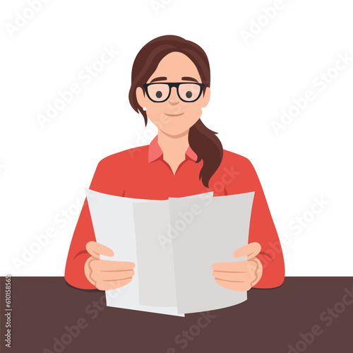 Woman reading paper document and speech bubble with info sign. Concept of professional guide, manual or instruction, counselor providing information. Flat vector illustration isolated 