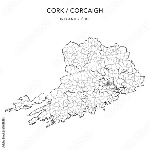 Vector Map of County Cork (Contae Chorcaí) and Cork City (Corcaigh) with the  Borders of Municipal Districts, Local Electoral Areas and Electoral Divisions from 2018 to 2023 - Republic of Ireland photo