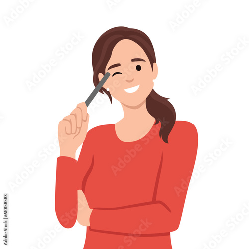 Thinking, idea, problem, search concept. Young smiling thoughtful woman girl cartoon character thinking about decision or dreaming. Searching for idea. Flat vector illustration isolated on white