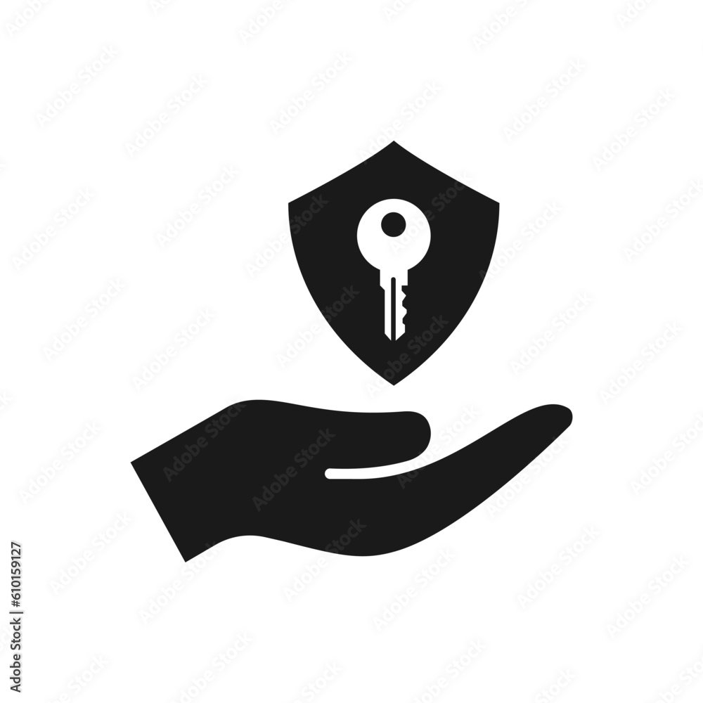 Shield with key on hand. Protection, safety flat icon isolated on white background. Vector illustration