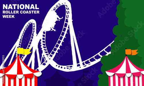 white silhouette of roller coaster game in amusement park with tents and bold text commemorating NATIONAL ROLLER COASTER WEEK
