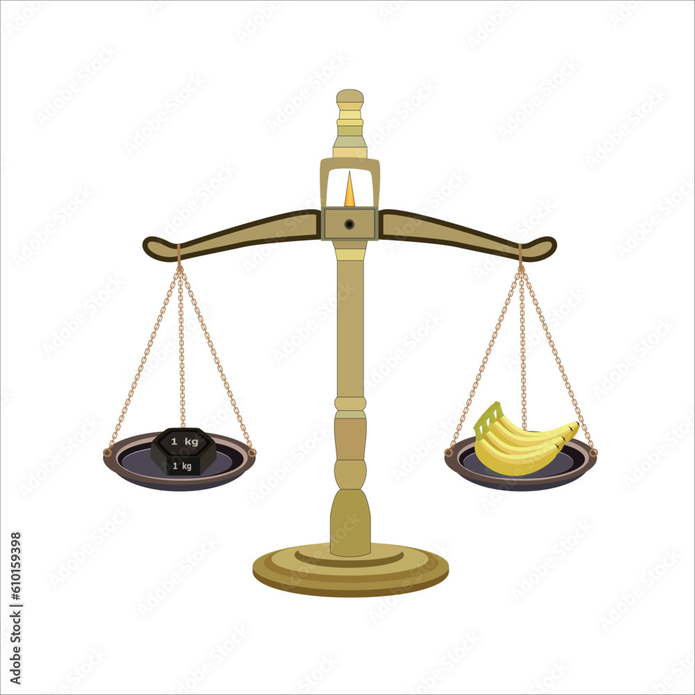 Weight balance scale 1kg weight stone. and Banana equal balance measuring. Vector illustration. balance measure symbol icon. isolated on white background. Weight balance scale 1kg weight stone. and Banana equal balance measuring. Vector illustration. balance measure symbol icon. isolated on white background.