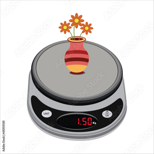 Digital weighing scale. Vase on a weighing scale, and isolated on white background. Weight machine vector illustration. Food weight kitchen illustration.