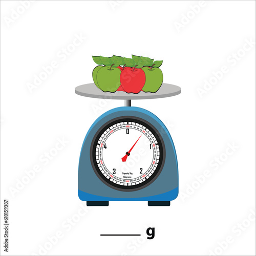 apples 2kg on a weighing scale, isolate on white background. Weight balance vector illustration. Equilibrium comparison sign business concept. Food weight kitchen illustration. photo