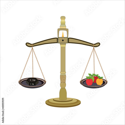 Weight balance scale 2kg weight stone and apples equal balance measuring. Vector illustration. balance measure symbol icon. isolated on white background.