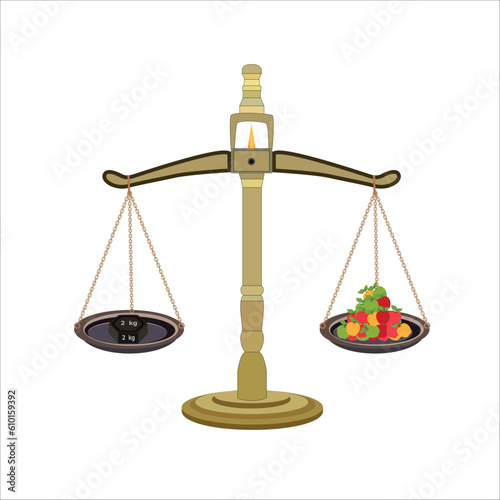 Weight balance scale 1kg weight stone and apples equal balance measuring. Vector illustration. balance measure symbol icon. isolated on white background.