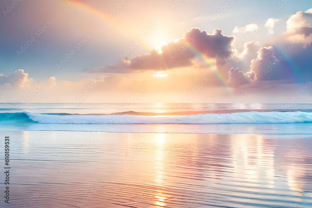 Landscape of beautiful dreamy clear blue and cloudy sky between at the beach with wave and rainbow, sunlight coming from behind the cloud as background and backdrop. Generative AI technology.