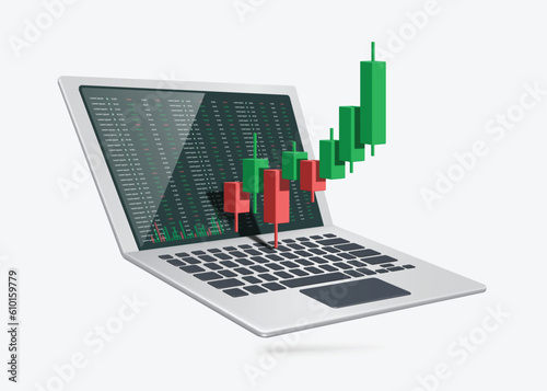 Stock Chart or Cryptocurrency Chart uptrend from red to green and profitable for trader and all place on laptop computer screen