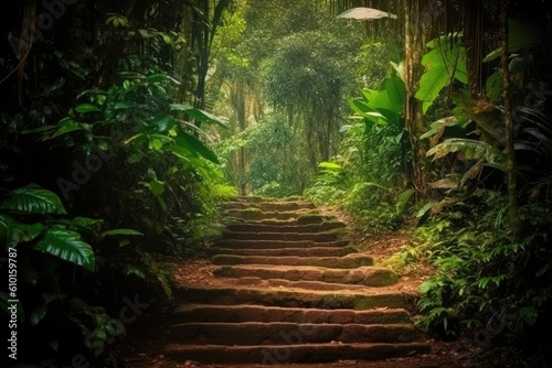 set of wooden steps surrounded by lush green jungle foliage Generative AI