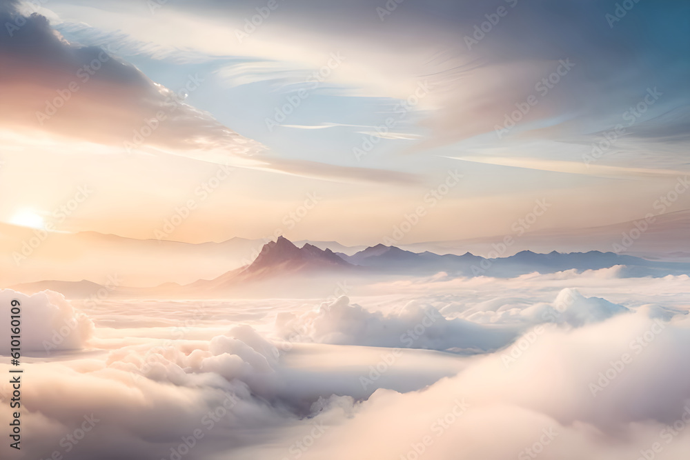 Landscape of beautiful dreamy clear blue and cloudy sky and the top of the mountain, sunlight from behind the mountain take place at the higher atmosphere as background. Generative AI technology.