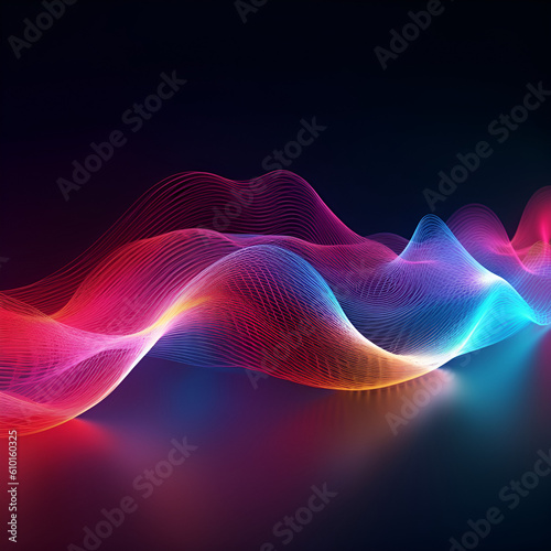 Abstract wave lines dynamic flowing colorful light. Illustration concept of music, technology. generative AI.