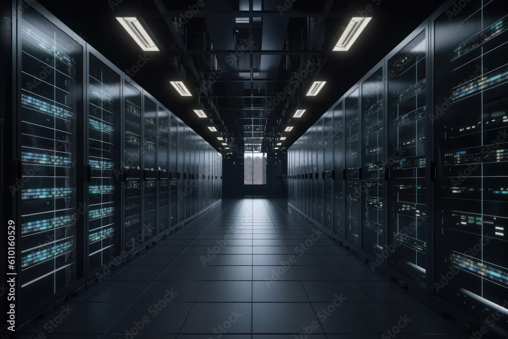 Long hallway filled with neatly arranged server racks in a modern data center. The high-tech infrastructure ensures fast and reliable data processing. Is AI Generative.